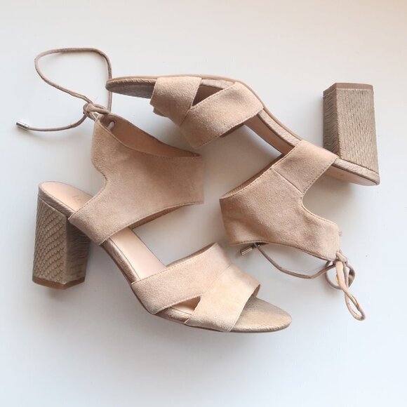 Franco Sarto Taupe Suede Strappy Round Open Toe Block Heels / Sandals / Shoes - Picture 14 of 16